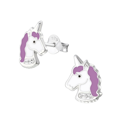 Børne øreringe 925 sølv, unicorn øreringe - lilla